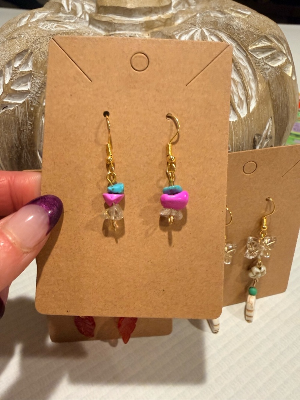 Handmade Turquoise Magenta Chip Stone Dangle Earrings Boho Vibrant